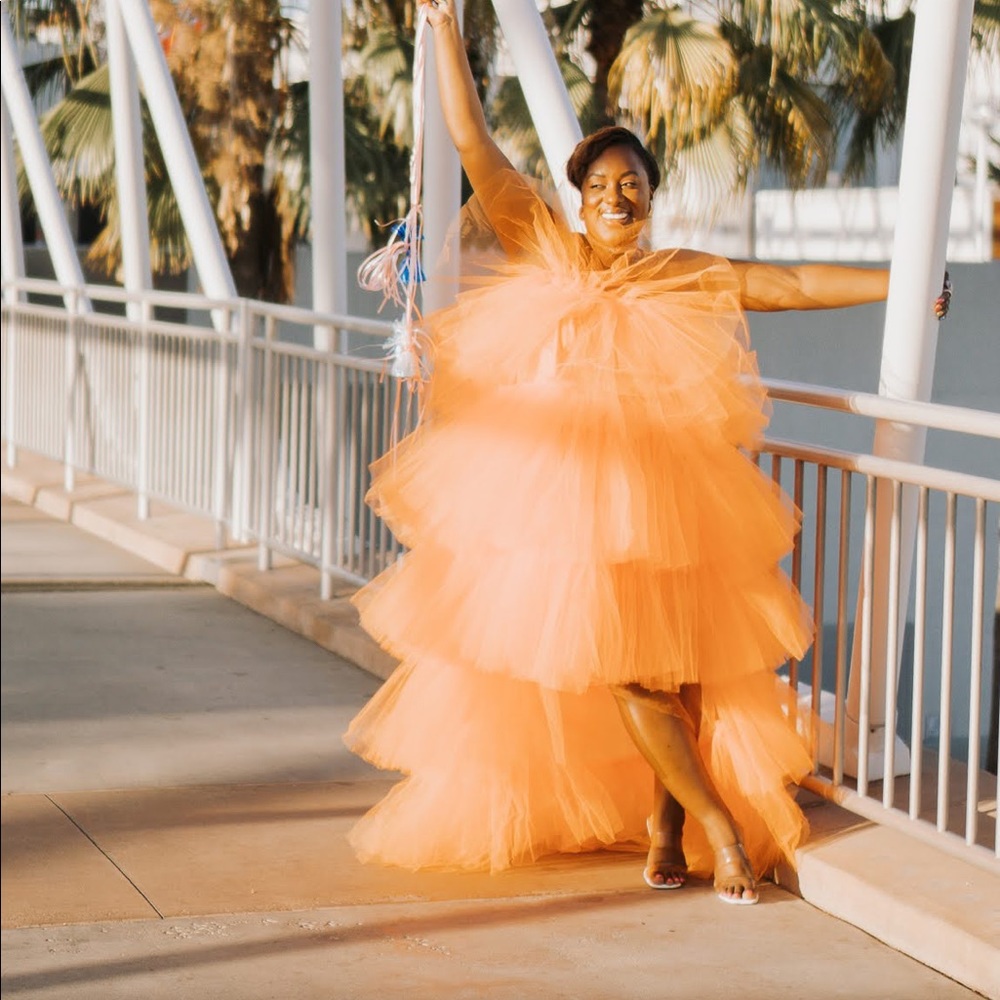 Orange tulle puff layered floor length dress